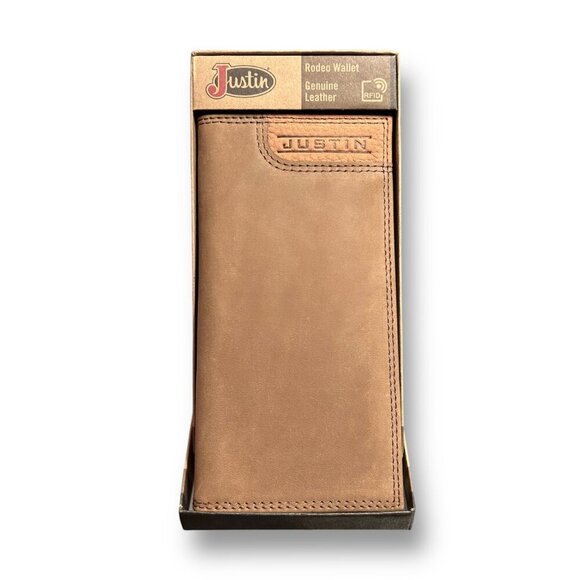 Justin Two Tone Genuine Leather Rodeo Wallet Brown RFID Long Bifold Western Logo - Picture 1 of 7